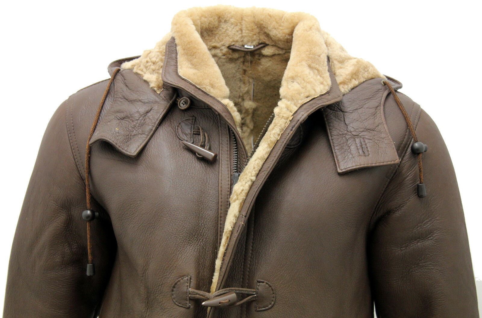Mens Brown Sheepskin Leather Hooded Duffle Coat-Leatherhead