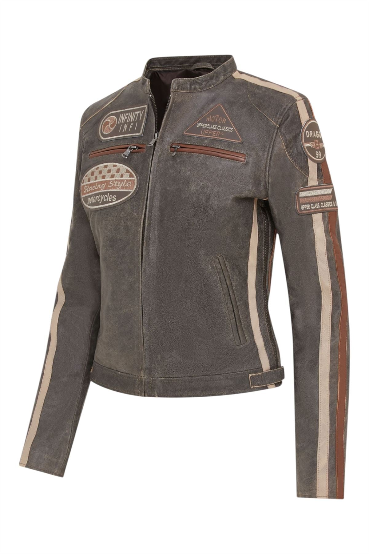 Womens Biker Racing Badges Leather Jacket-Eastleigh