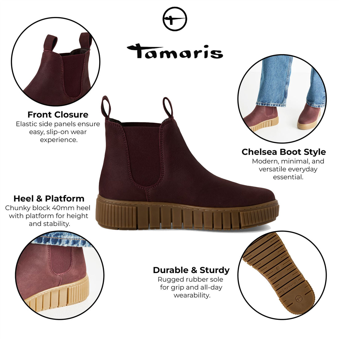 Tamaris Womens Bordeaux Burgundy Leather Chelsea Ankle Boots