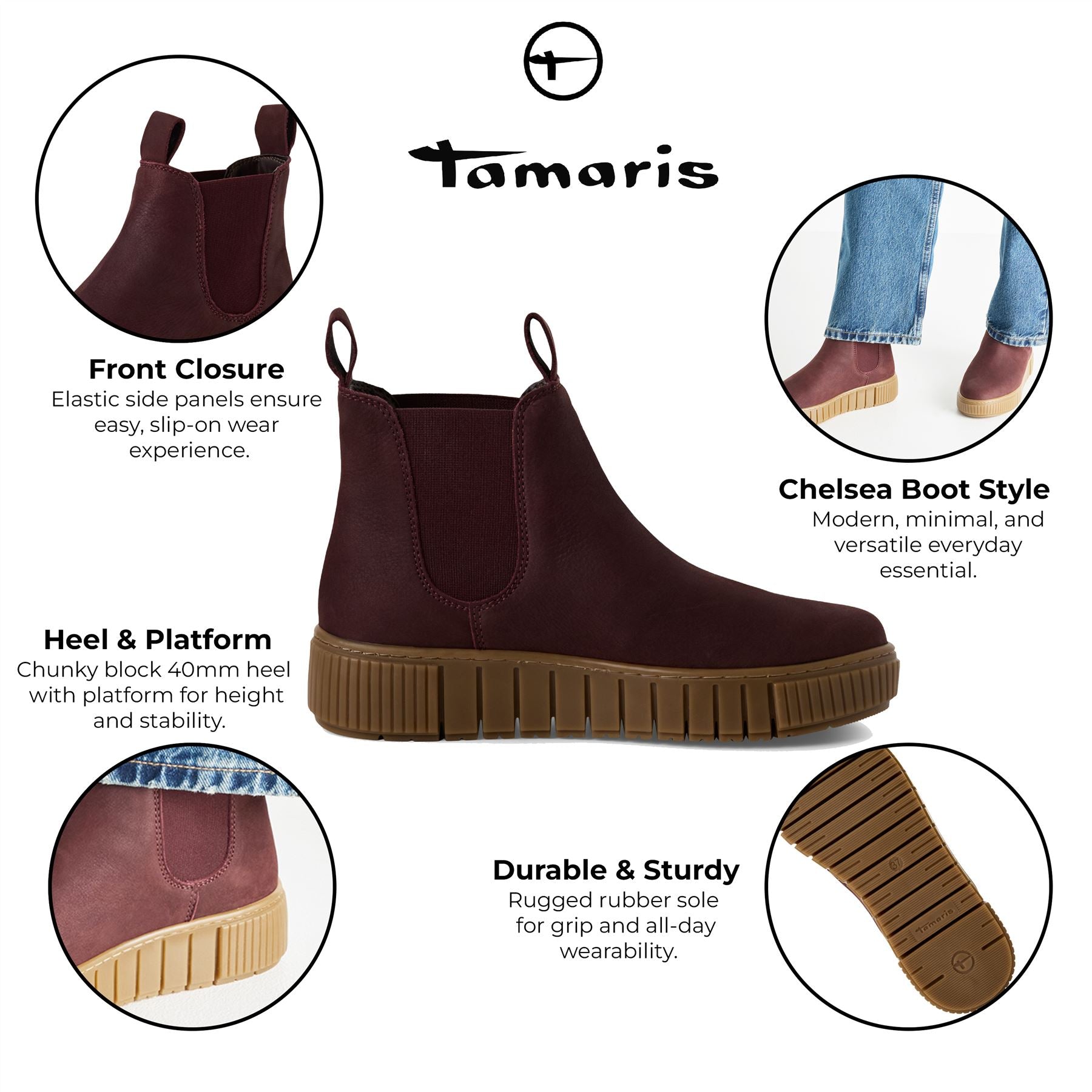 Tamaris Womens Bordeaux Burgundy Leather Chelsea Ankle Boots