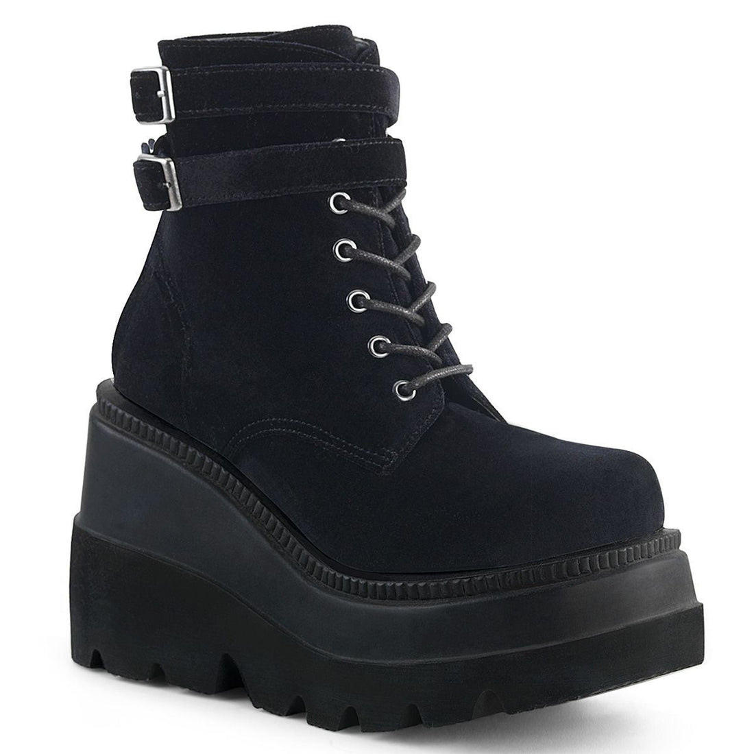 Demonia Shaker 52 Black Velvet Stacked Wedge Ankle Boots - Upperclass Fashions 