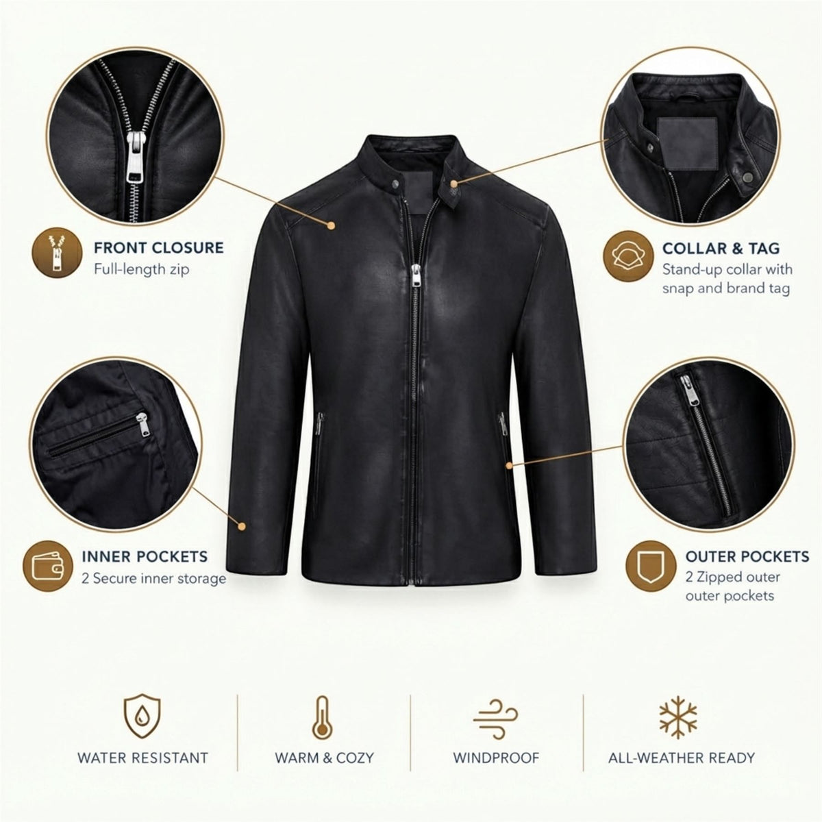 Mens Leather Stand Collar Cafe Racer Biker Jacket - E184