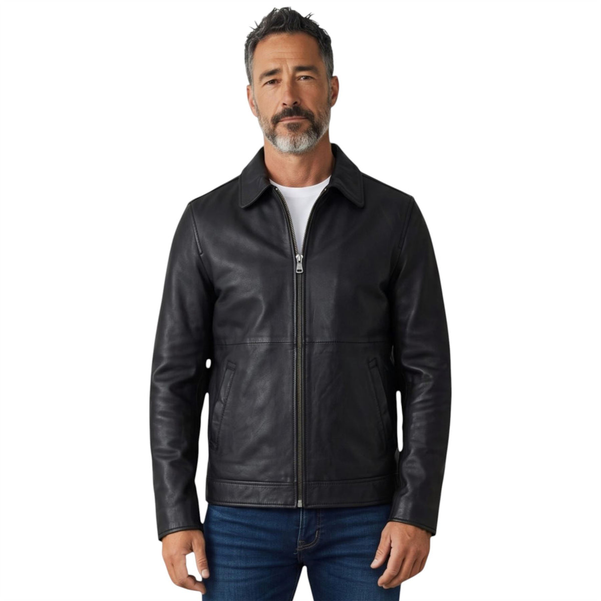 Mens Leather Harrington Collar Biker Jacket - Alpha