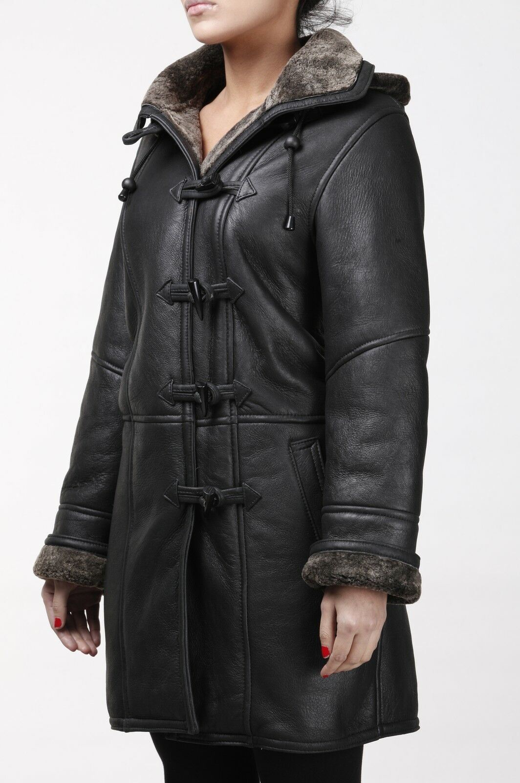 Womens Black Shearling Hooded Duffle Coat-Royston