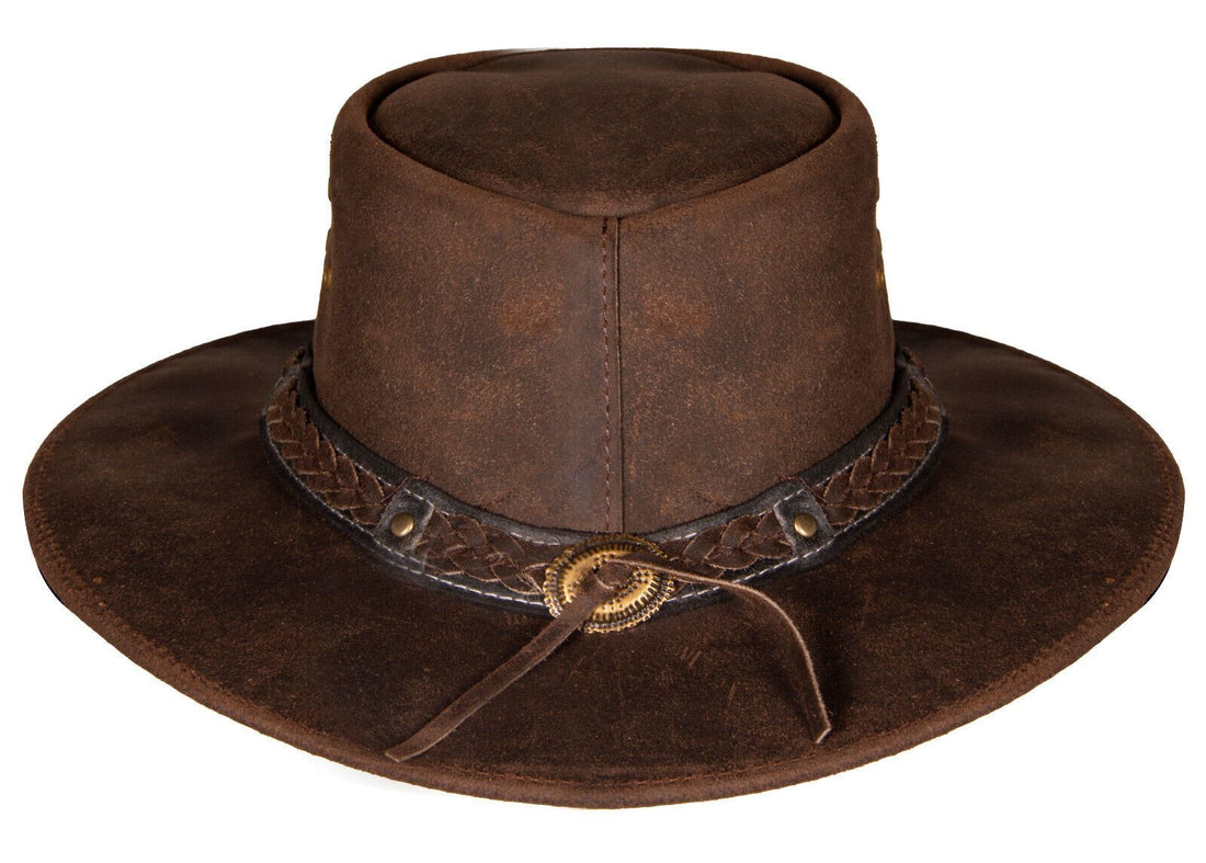 Cowboy Aussie Real Leather Hat Australian Black Western Outback Bush Hat - Upperclass Fashions 