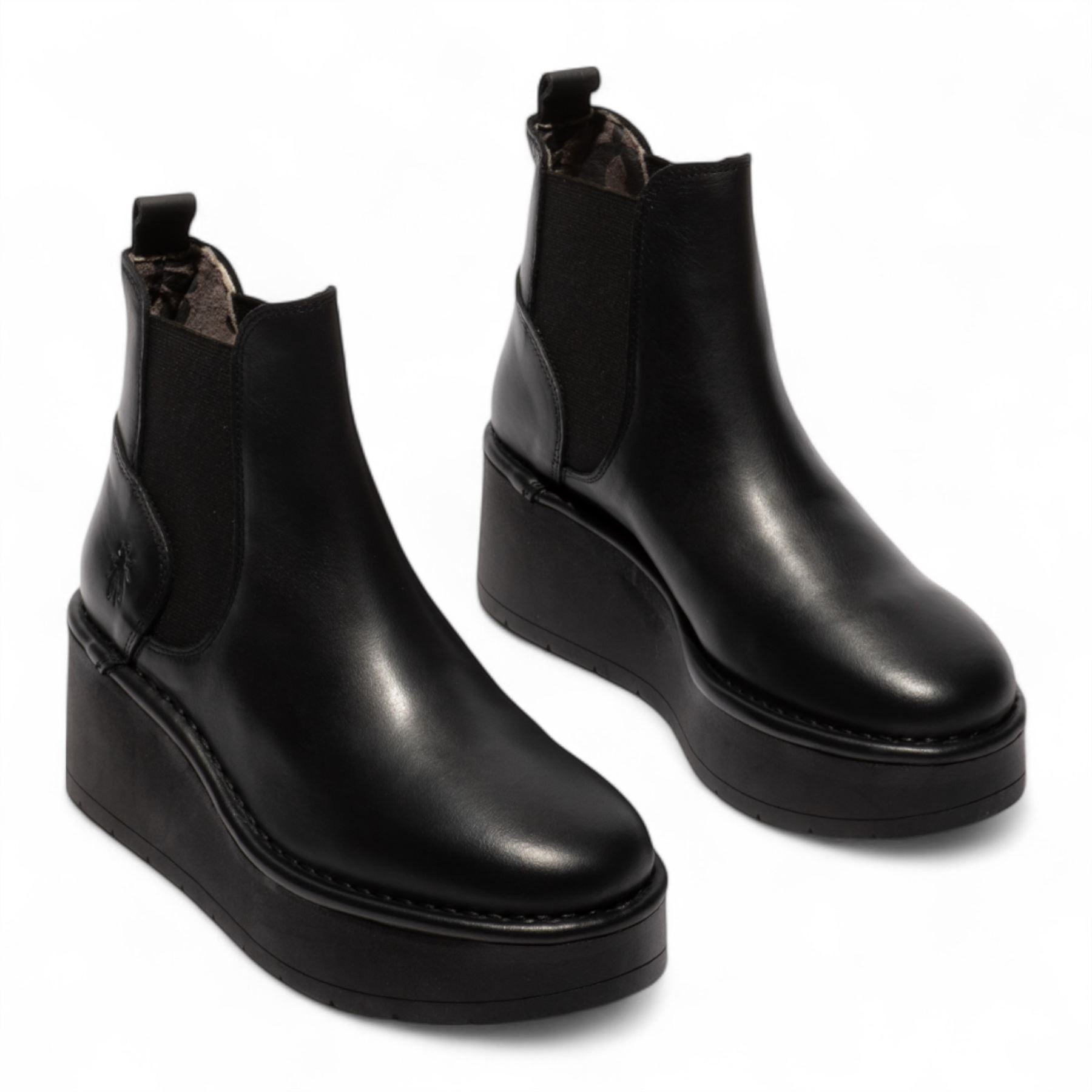 Fly London Womens Black HELY268 Chelsea Leather Ankle Pull-On Platform Comfort Boots
