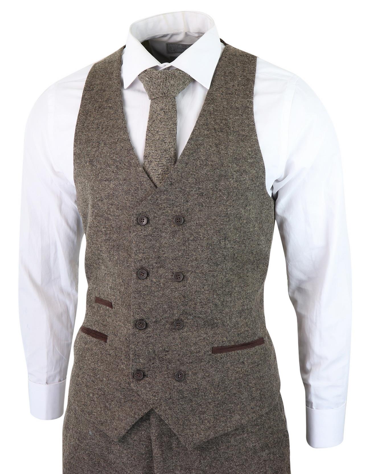 Mens Oak Brown Wool 3 Piece Suit Double Breasted Waistcoat Tweed Peaky Blinders 1920s