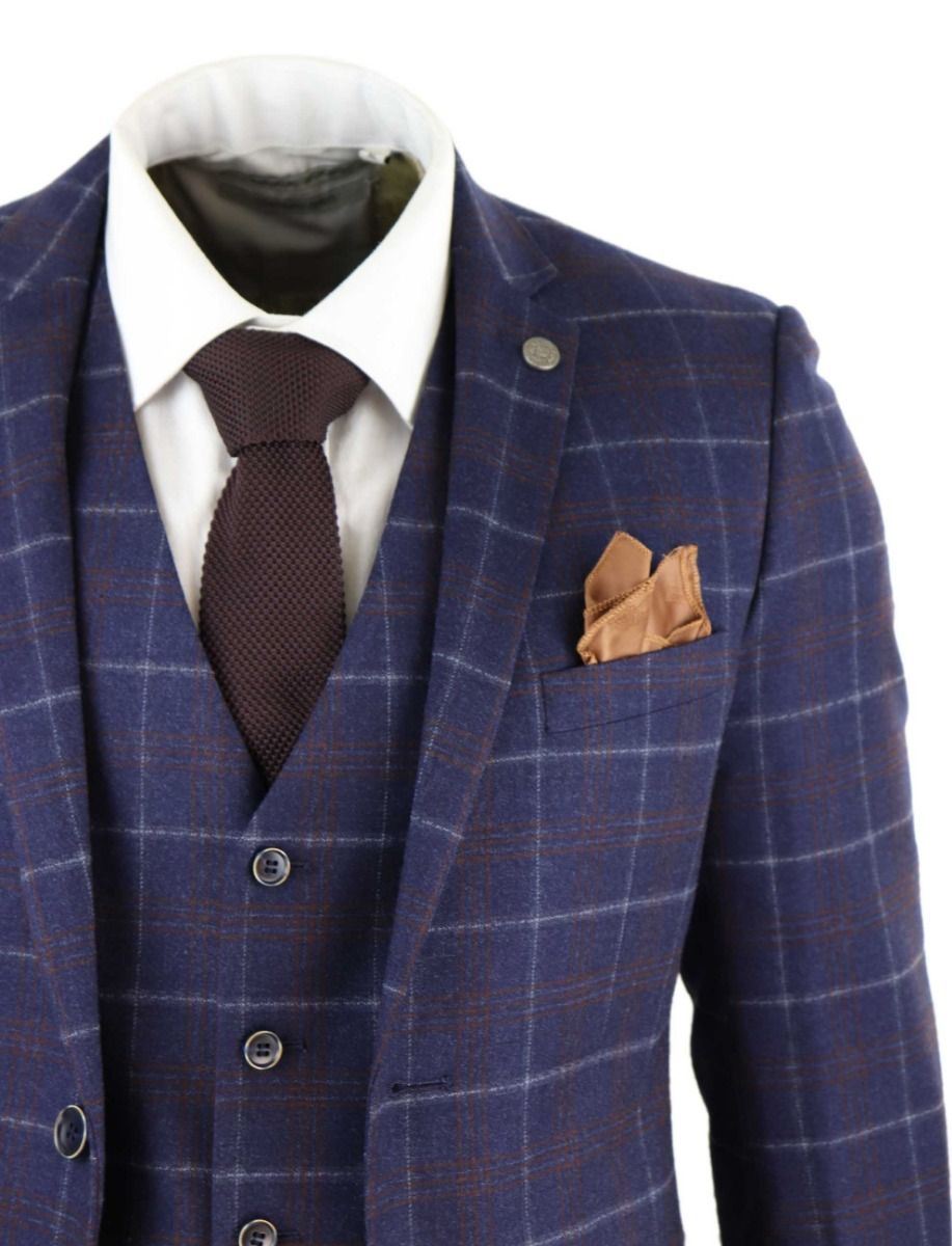 Mens 3 Piece Navy Blue Wool Check Retro Suit