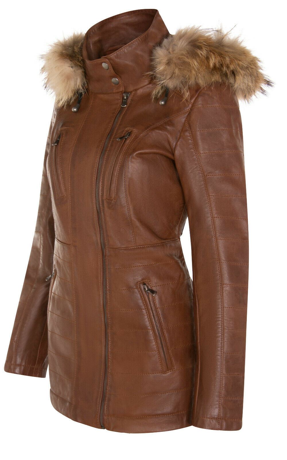Womens Slim Fit Leather Hooded Parka Jacket-Northam