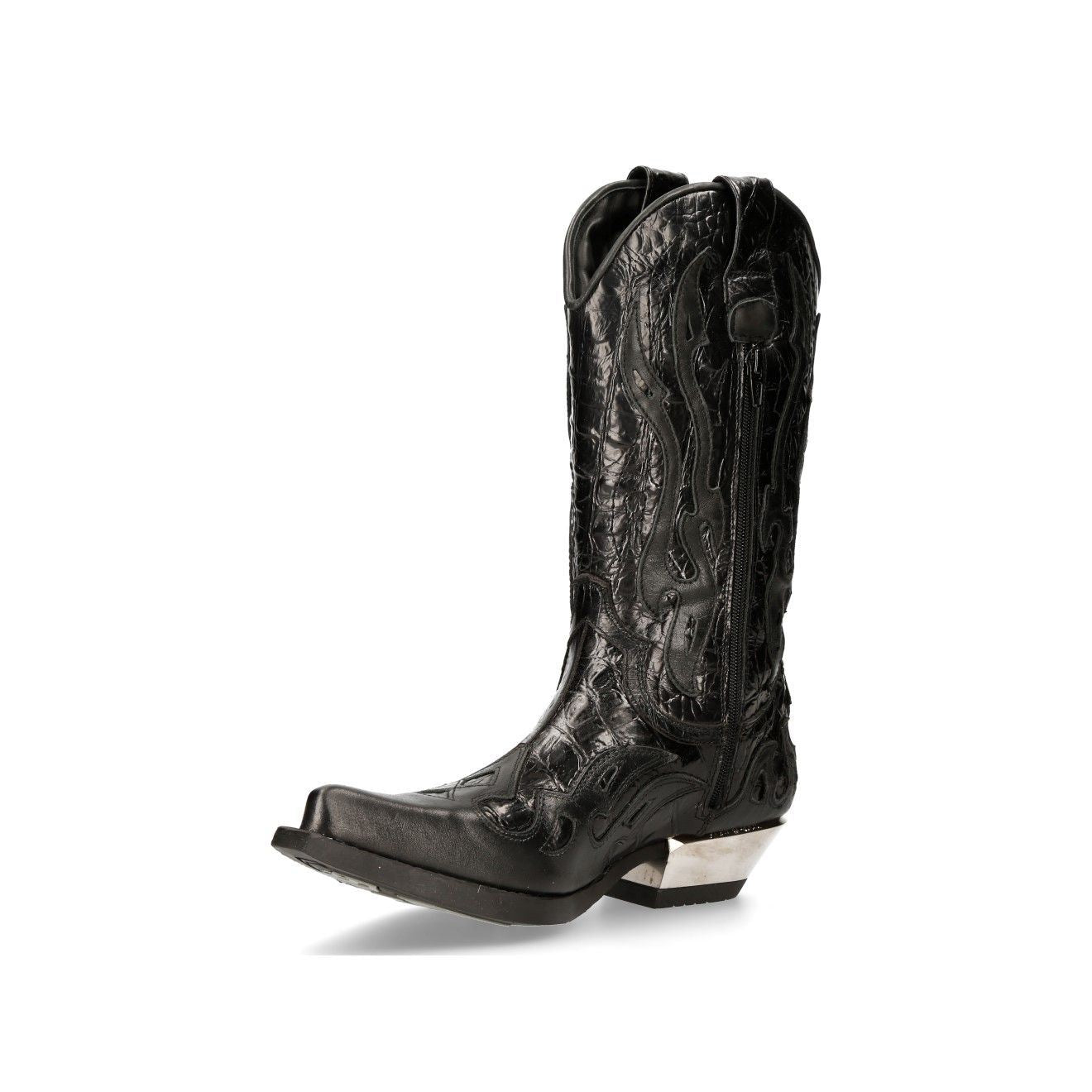 New Rock Flame Accented Black Leather Biker Cowboy Boots- M-7921-S1