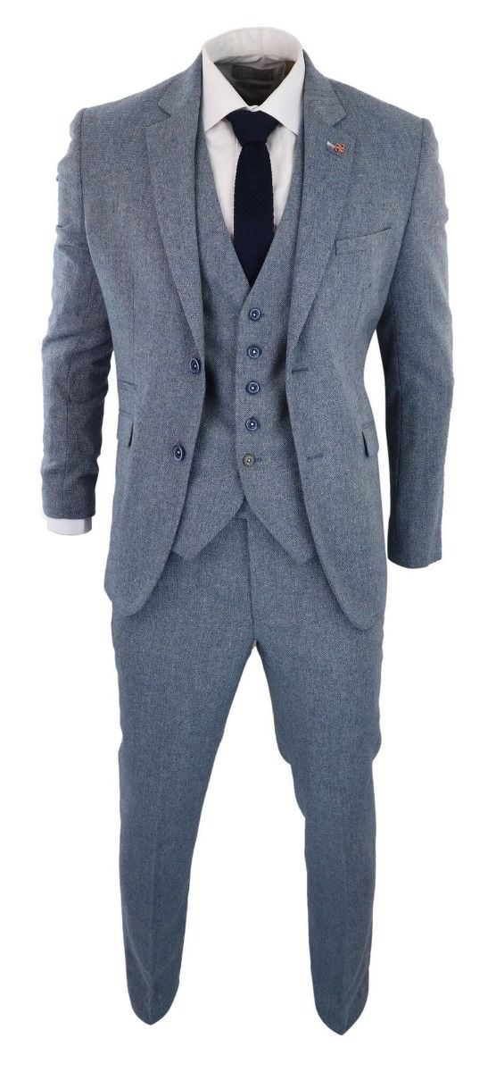 Mens 3 Piece Light Blue Tweed Tailored Fit Retro Classic Suit
