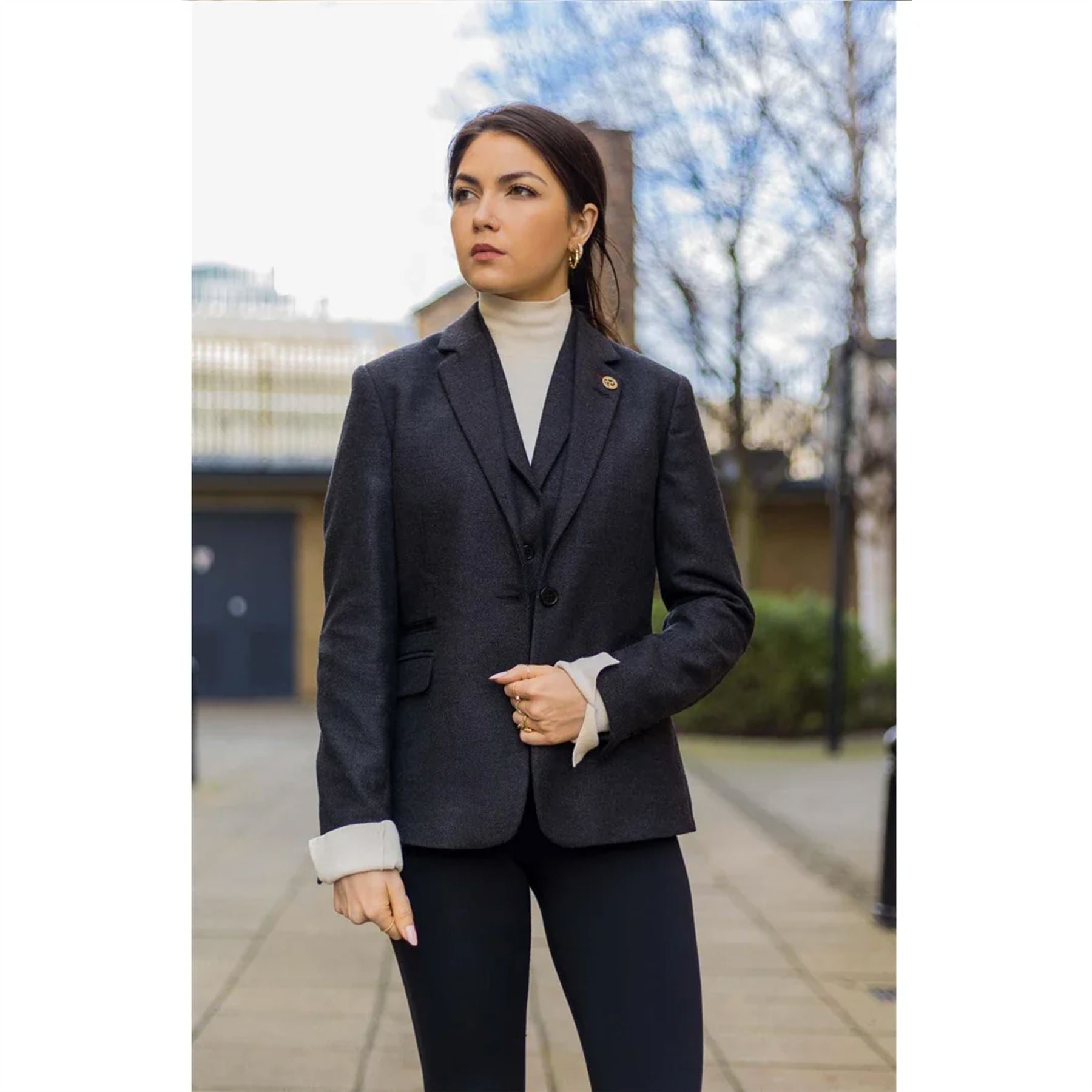 Womens Black Herringbone Check Tweed Blazer Waistcoat Wool 2 Piece Set