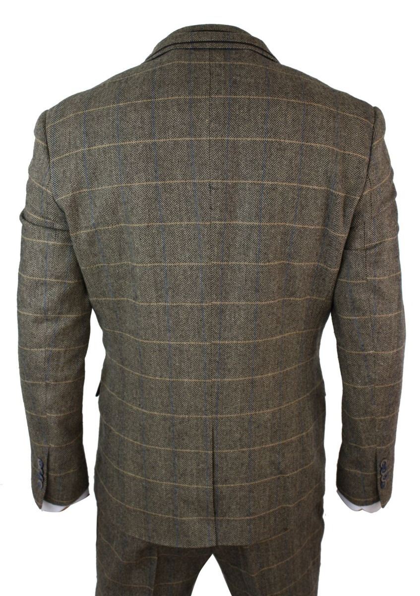 Mens 3 Piece Tan Brown Check Tweed Herringbone Vintage Classic Suit