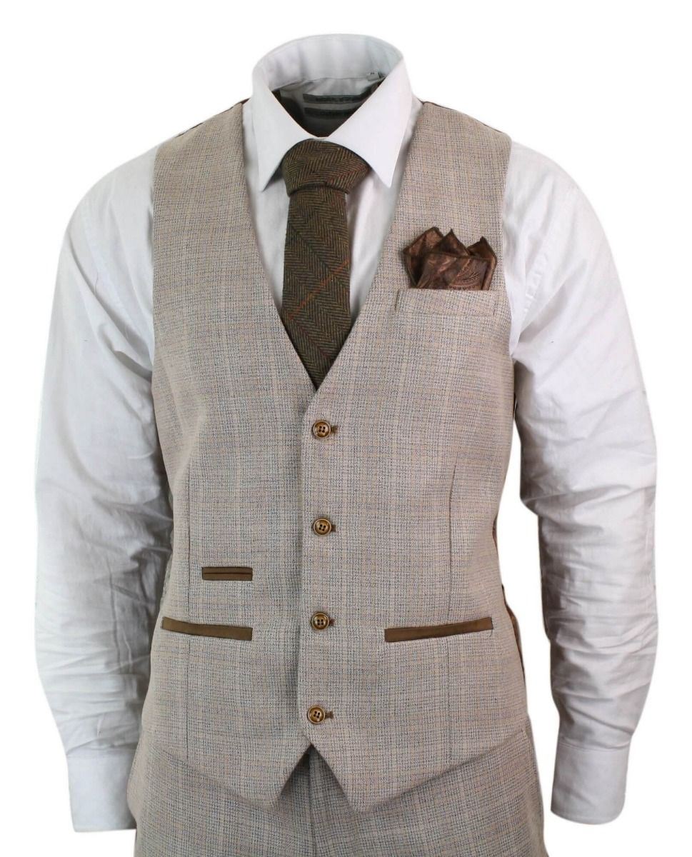 Mens 3 Piece Beige Tweed Check Vintage Retro Suit