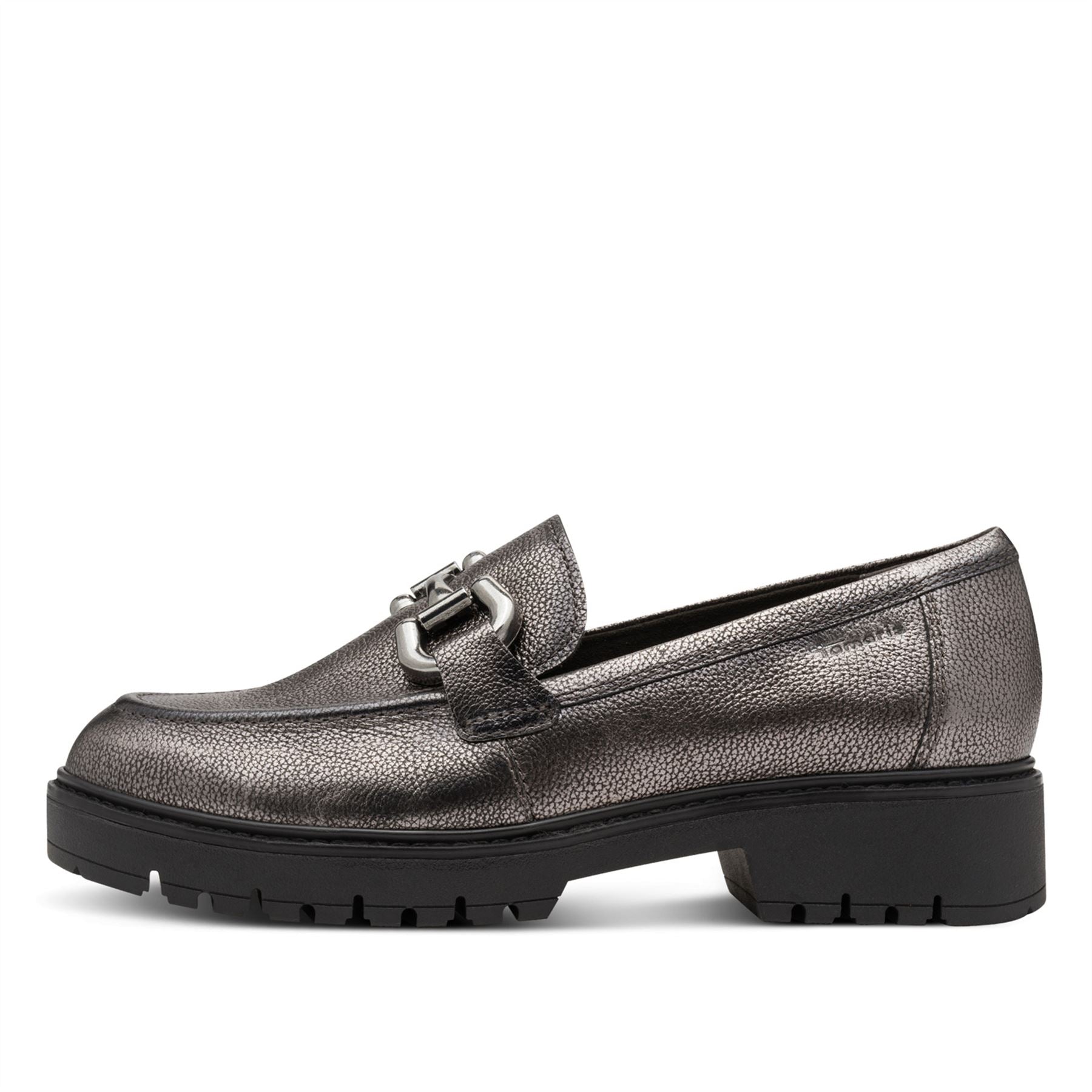 Tamaris Womens Pewter Silver Leather Loafers Slip-On Platform Shoes