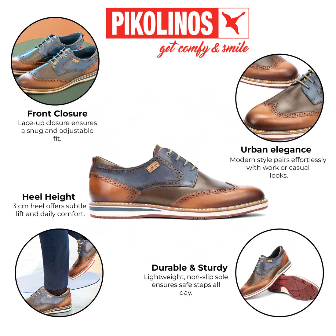 Pikolinos Men’s Brandy Brown Leather Brogue Lace-Up Oxford Shoes - Avila