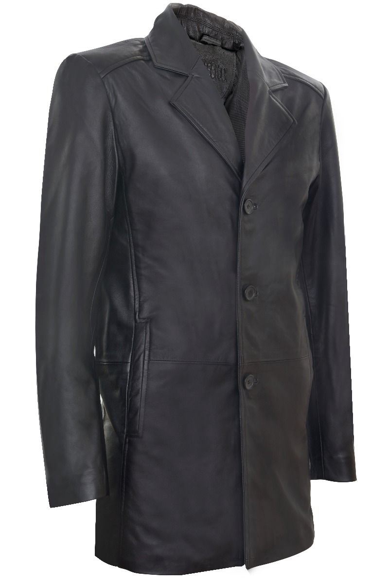 Mens Classic 3/4-Length Black Leather Overcoat-East Ham