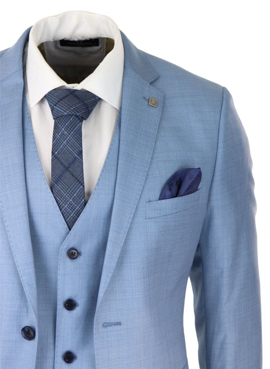 Mens 3 Piece Light Blue Classic Stitch Retro Suit