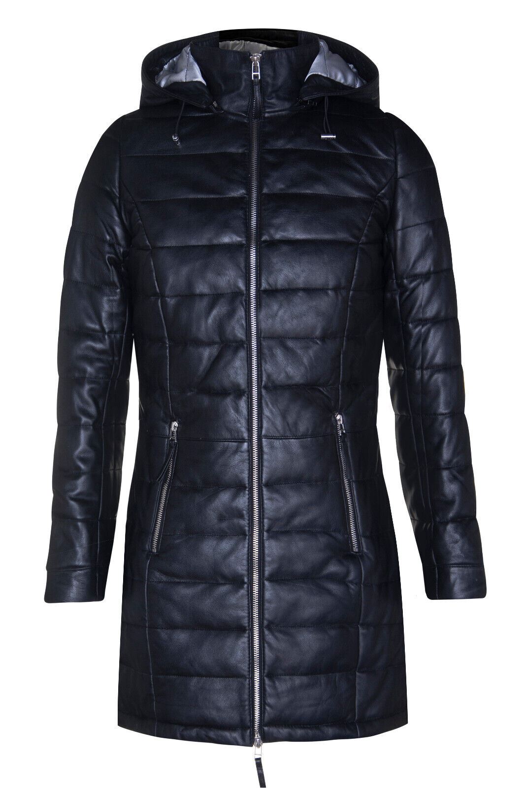 Womens Hooded Leather Puffer Parka Jacket-Oldham - Upperclass Fashions 
