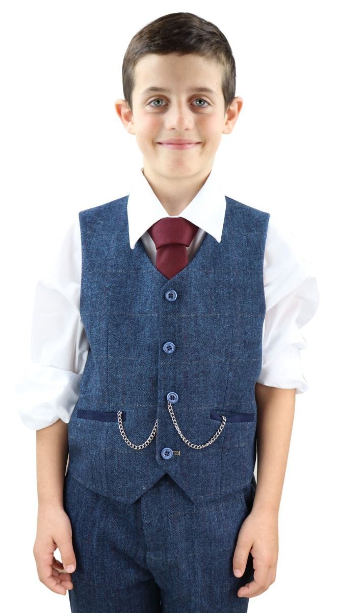 Boys 3 Piece Blue Herringbone Tweed Check Classic Suit