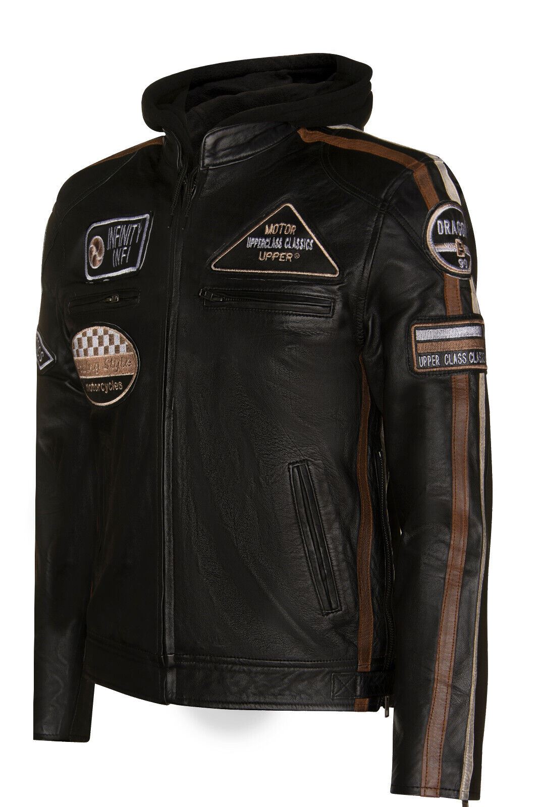 Mens Racing Hooded Leather Biker Jacket-Clovelly