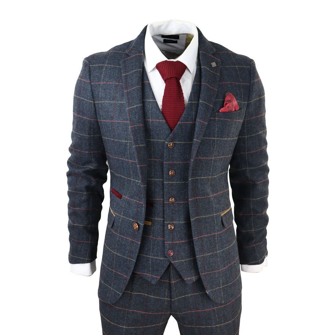 Mens Navy Tweed Check 3-Piece Suit