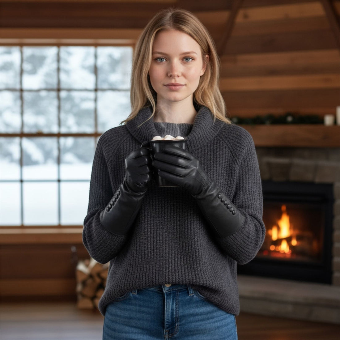 Womens Long Italian Leather Winter Button Design Soft Wool Lining Gloves - L-GLV-201