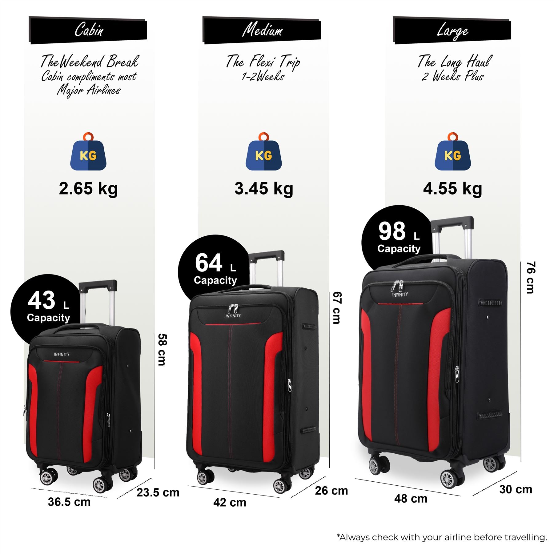 Black Expandable Soft Shell Suitcase 8 Wheel Luggage Set Travel Light Carry On Cabin Bag