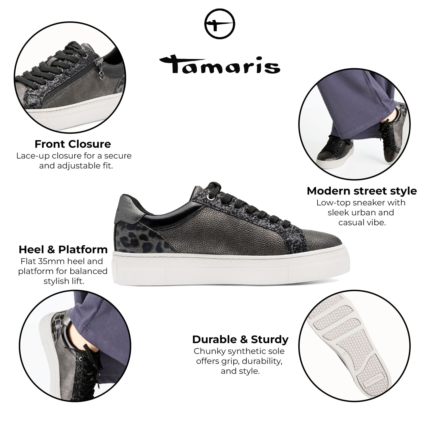 Tamaris Womens Pewter Silver Faux Leather Fashion Lace Up Sneakers