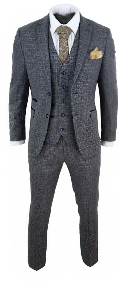 Mens 3 Piece Navy Blue Tweed Check Vintage Retro Suit