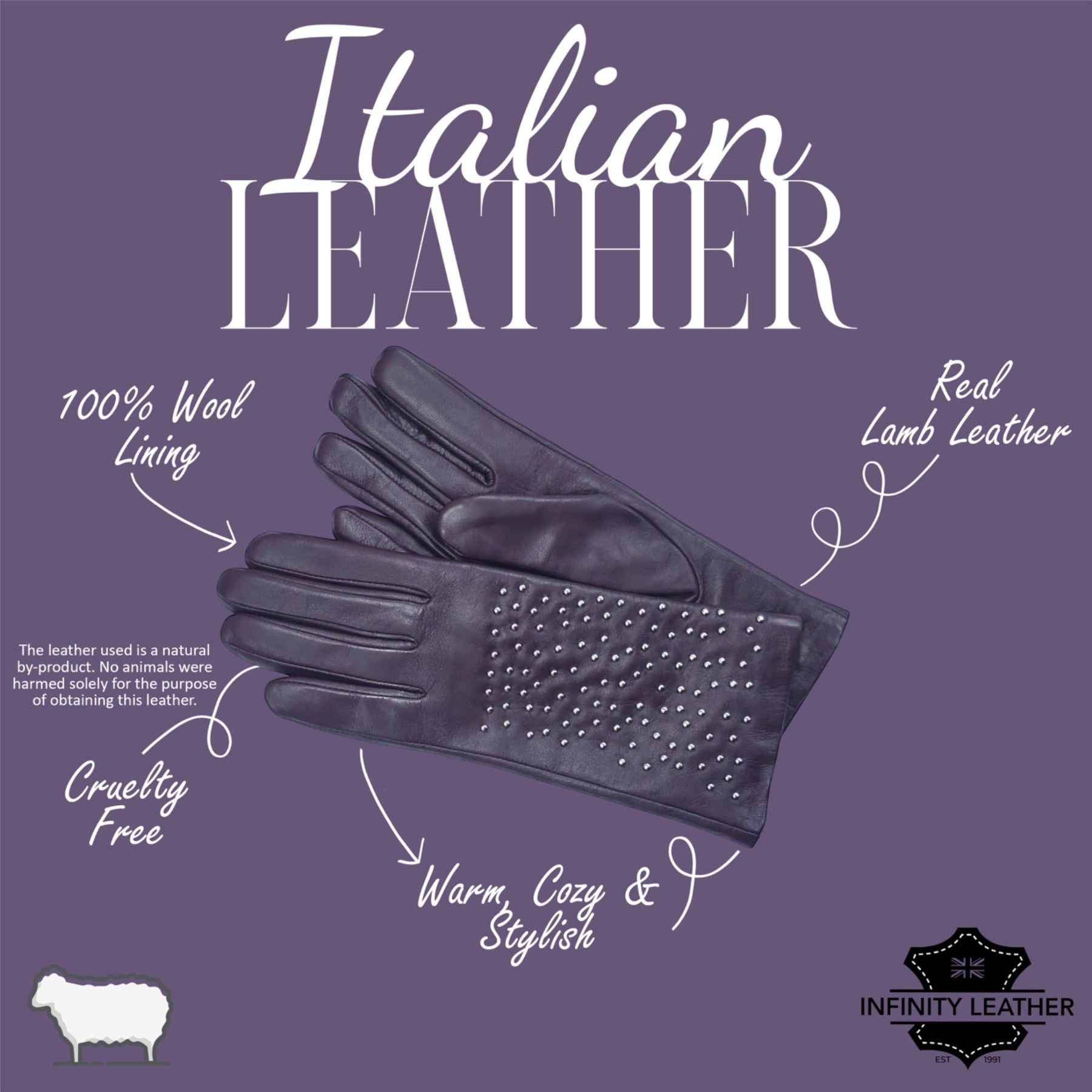 Womens Italian Leather Winter Studded Design Soft Wool Lining Gloves - L-GLV-601