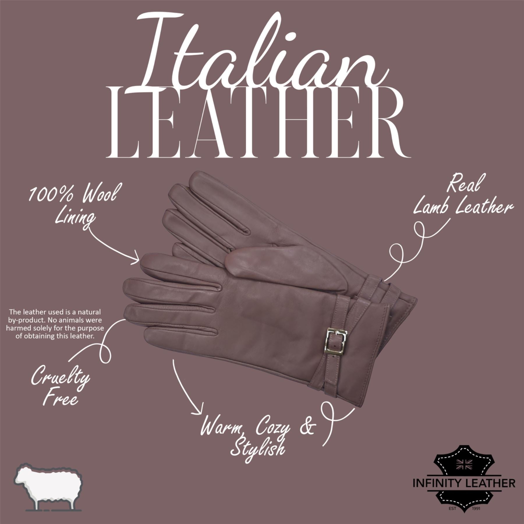 Womens Italian Leather Winter Buckle Soft Wool Lining Gloves - L-GLV-601