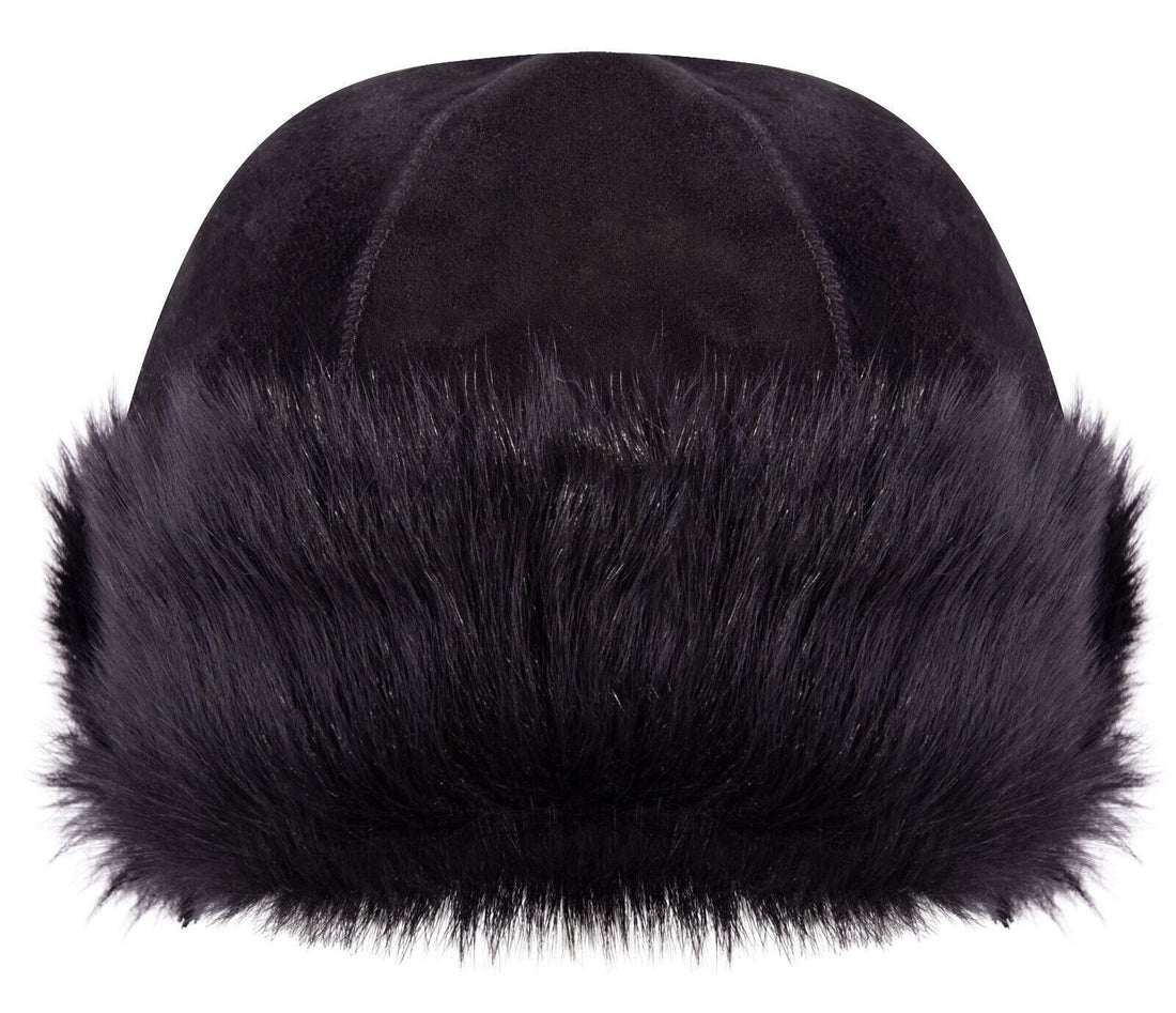 BLACK 100% Sheepskin Shearling Leather Toscana Fur Beanie Round Bucket Hat - Upperclass Fashions 