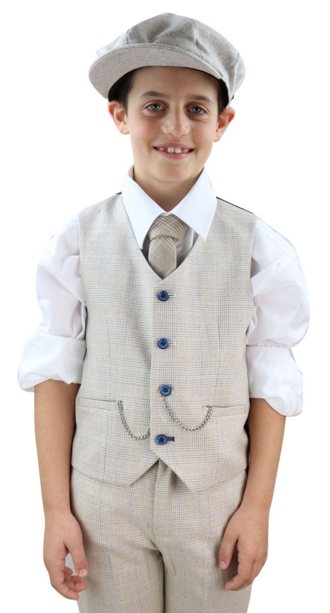 Boys 3 Piece Cream Herringbone Tweed Check Classic Suit