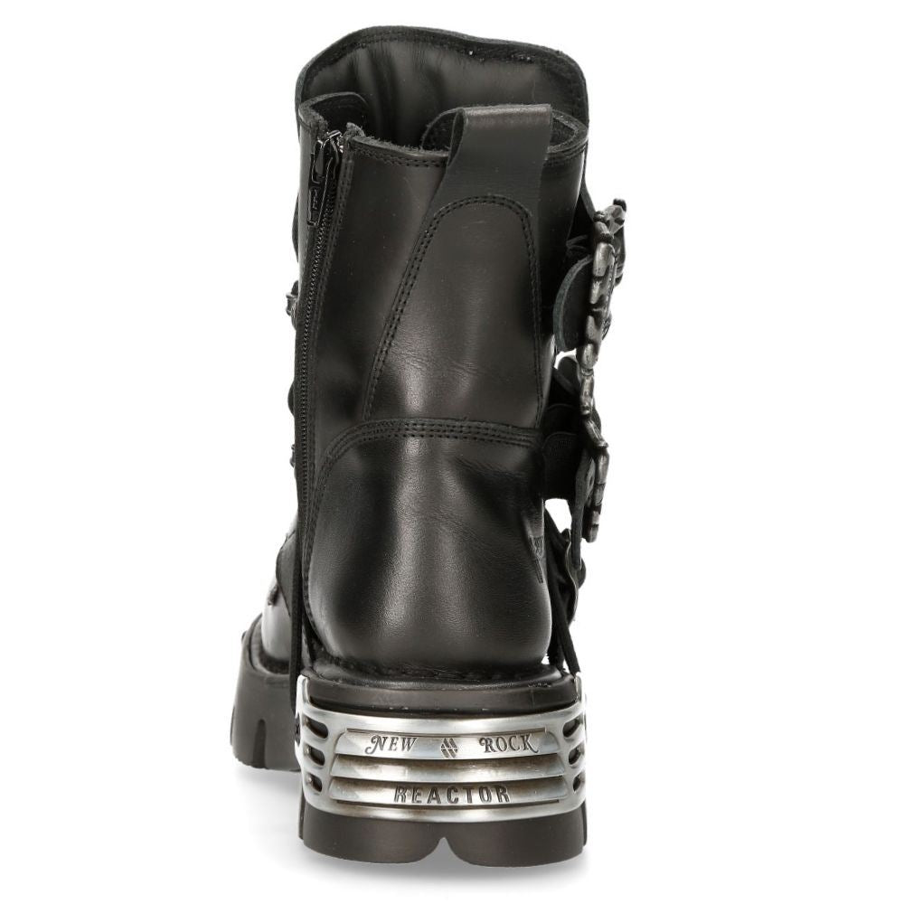 New Rock Silver Cross Black Leather Biker Boots-407-S1