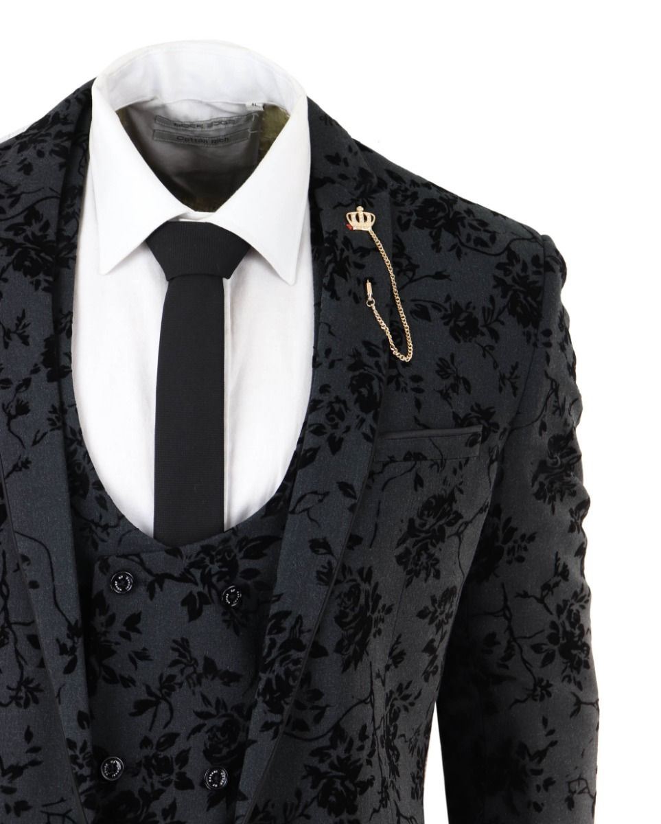Mens 3 Piece Black Paisley Velvet Dinner Suit