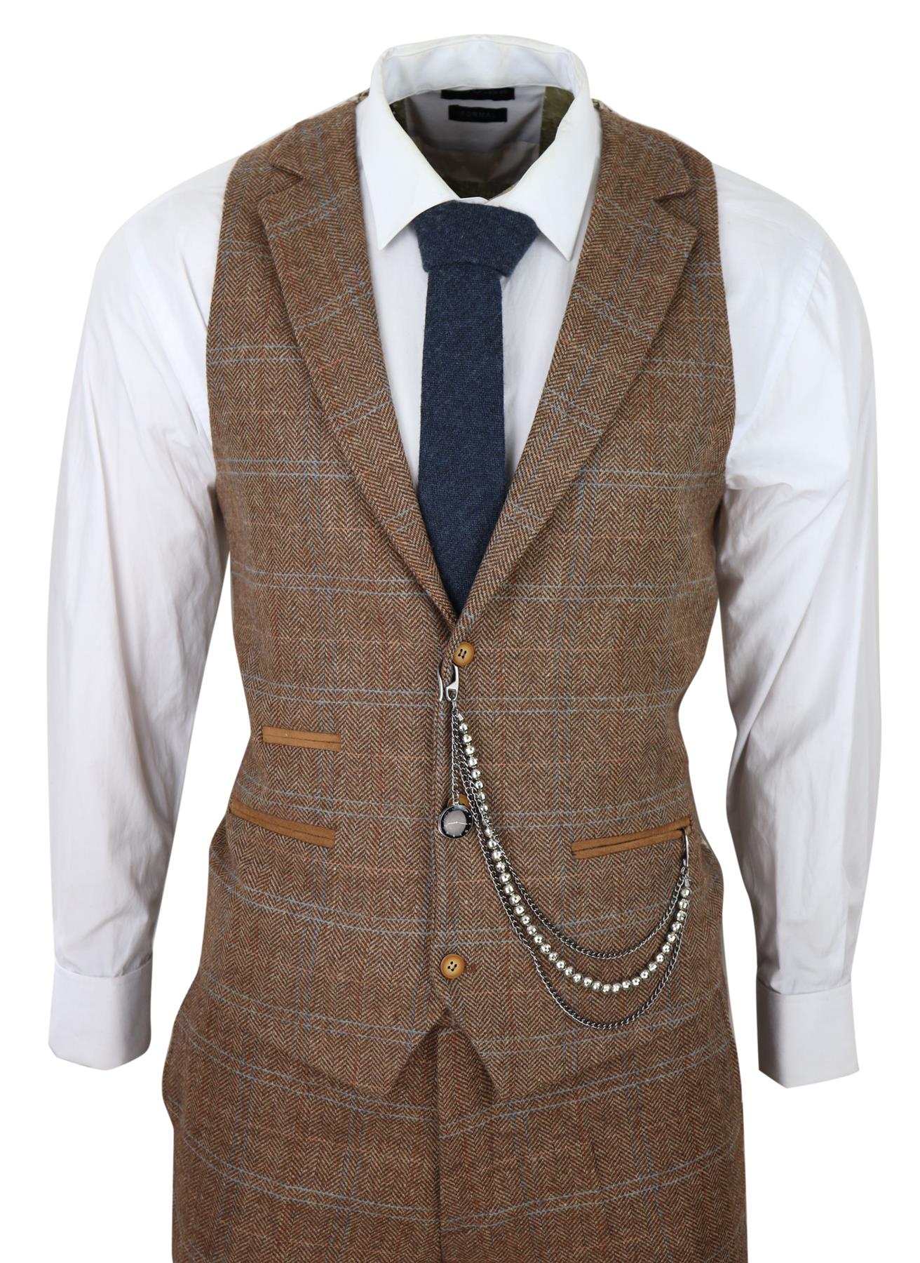 Mens 3 Piece Wool Suit Oak Brown Tweed Herringbone Check Peaky Blinders Gatsby