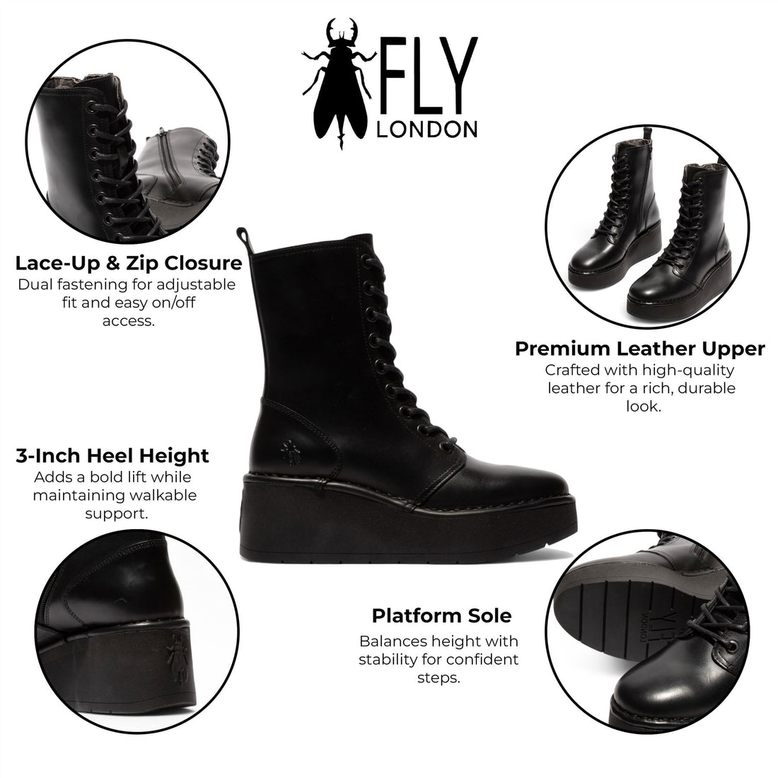 Fly London Womens Black HAIT273 Leather Lace-up Chunky Platform Ankle Boots