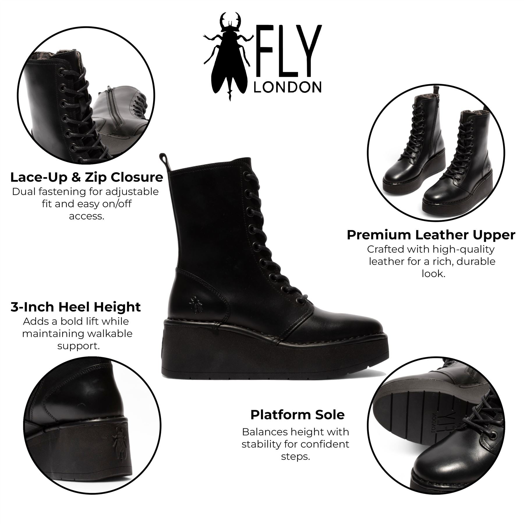 Fly London Womens Black HAIT273 Leather Lace-up Chunky Platform Ankle Boots
