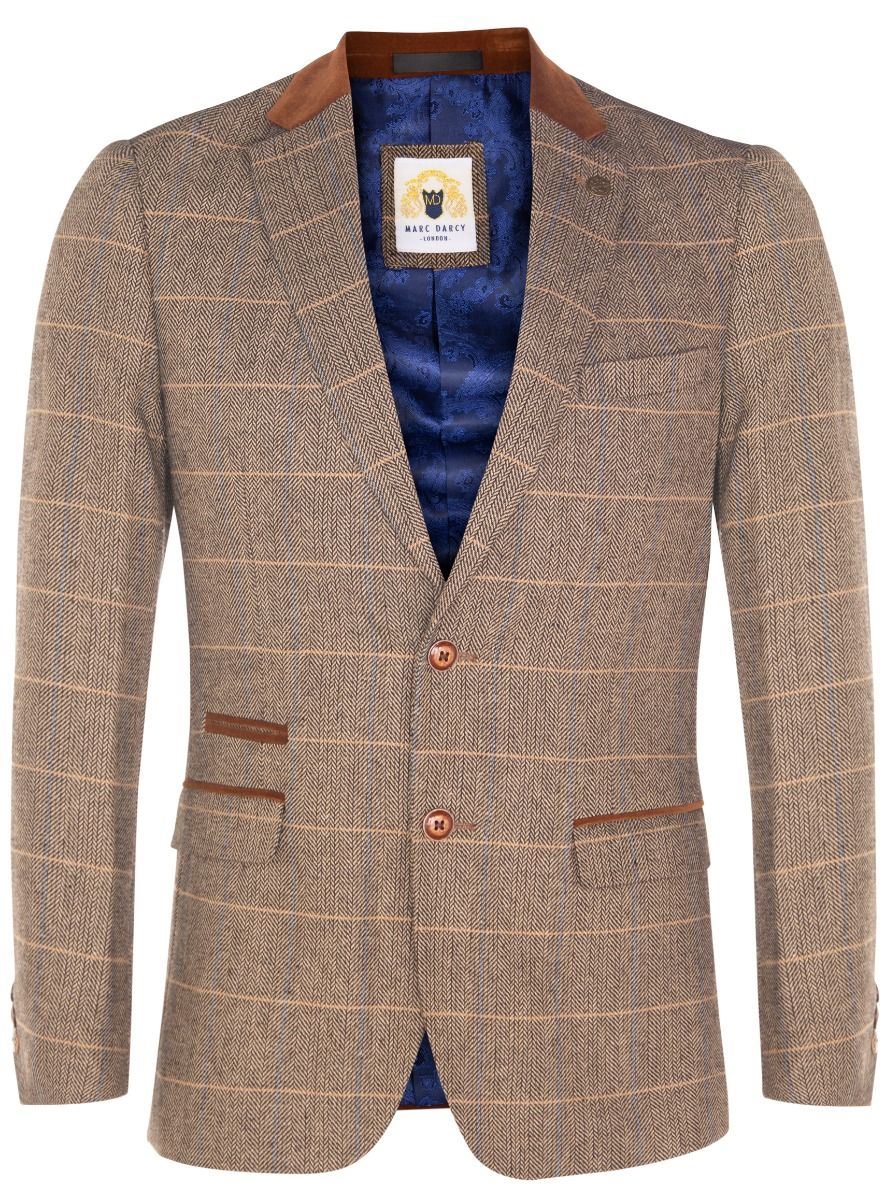 Mens 3 Piece Tan Tweed Check Suit