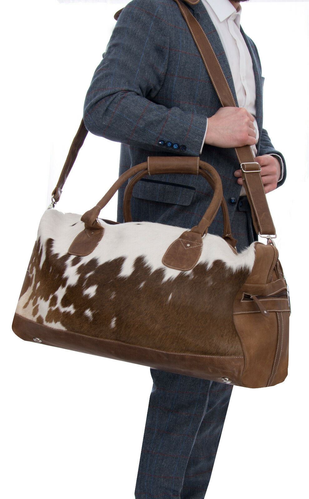 Deluxe Leather Holdall Bag Genuine Cowhide & Cow Fur Weekend Duffel Travel