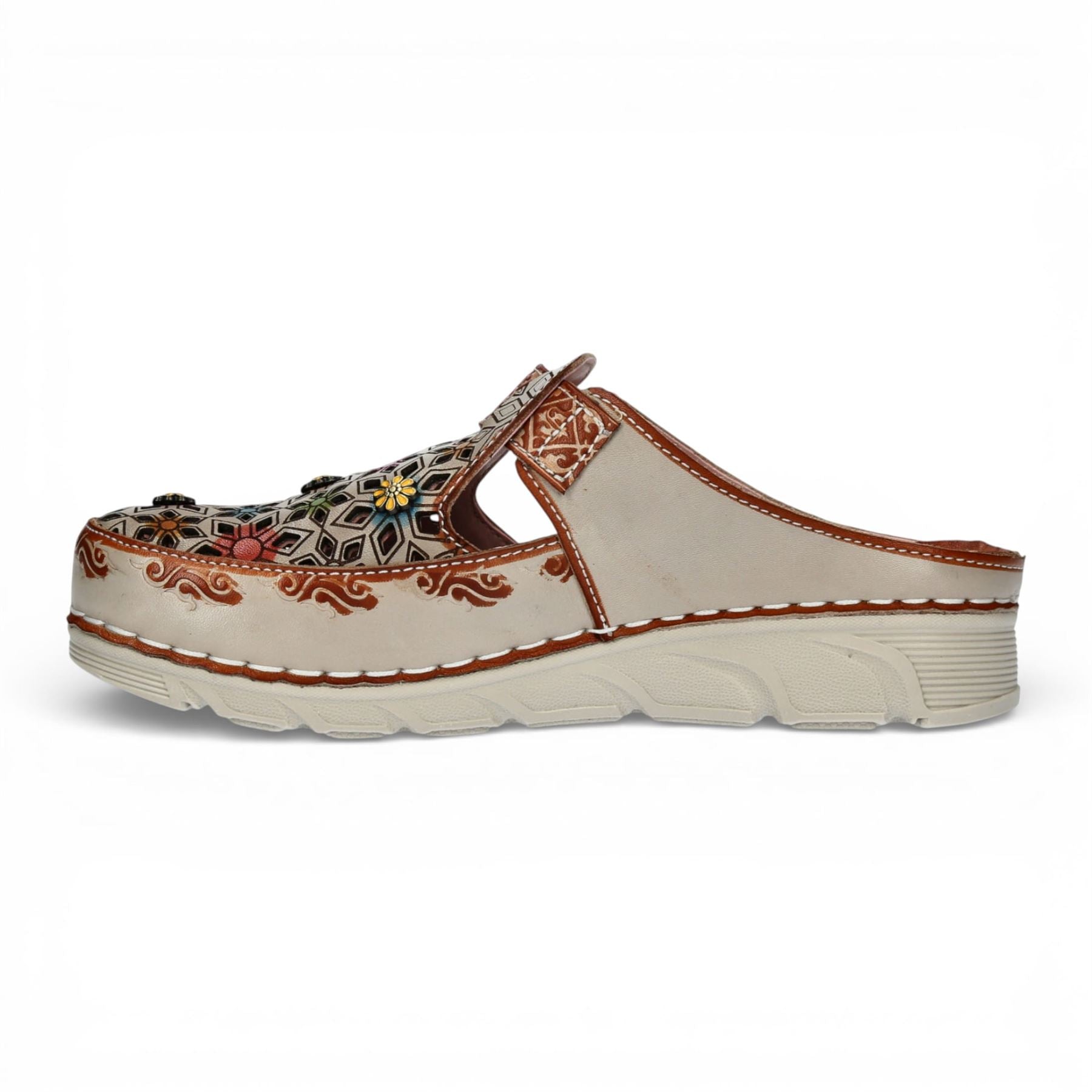 Laura Vita Women’s Dorry 01 Floral Beige Leather Wedge Slipper Sandals