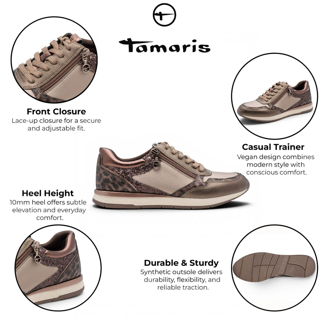 Tamaris Womens Taupe Faux Leather Fashion Lace Up Sneakers - 23613-46