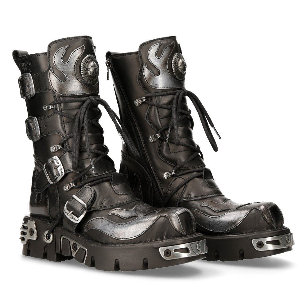 New Rock Flame Accented Black/Silver Leather Biker Boots- 107-S2