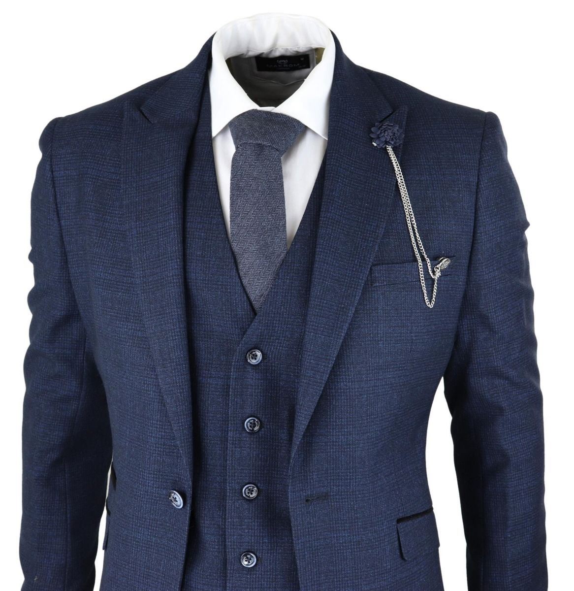 Mens 3 Piece Navy Blue Check Tweed Retro Classic Suit