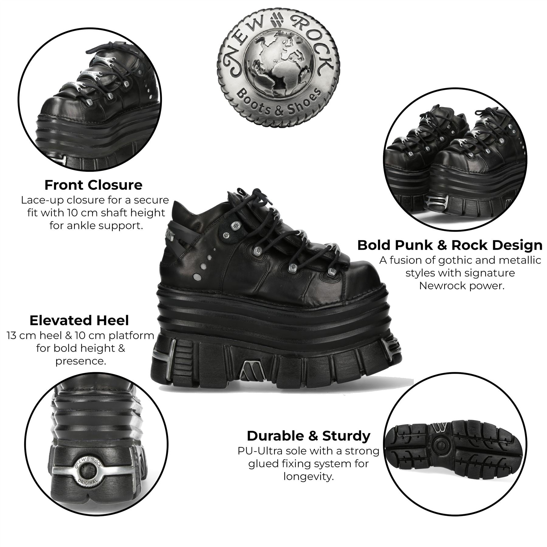 New Rock M-106-C181 Black Gothic Punk Chunky Platform Ankle Boots