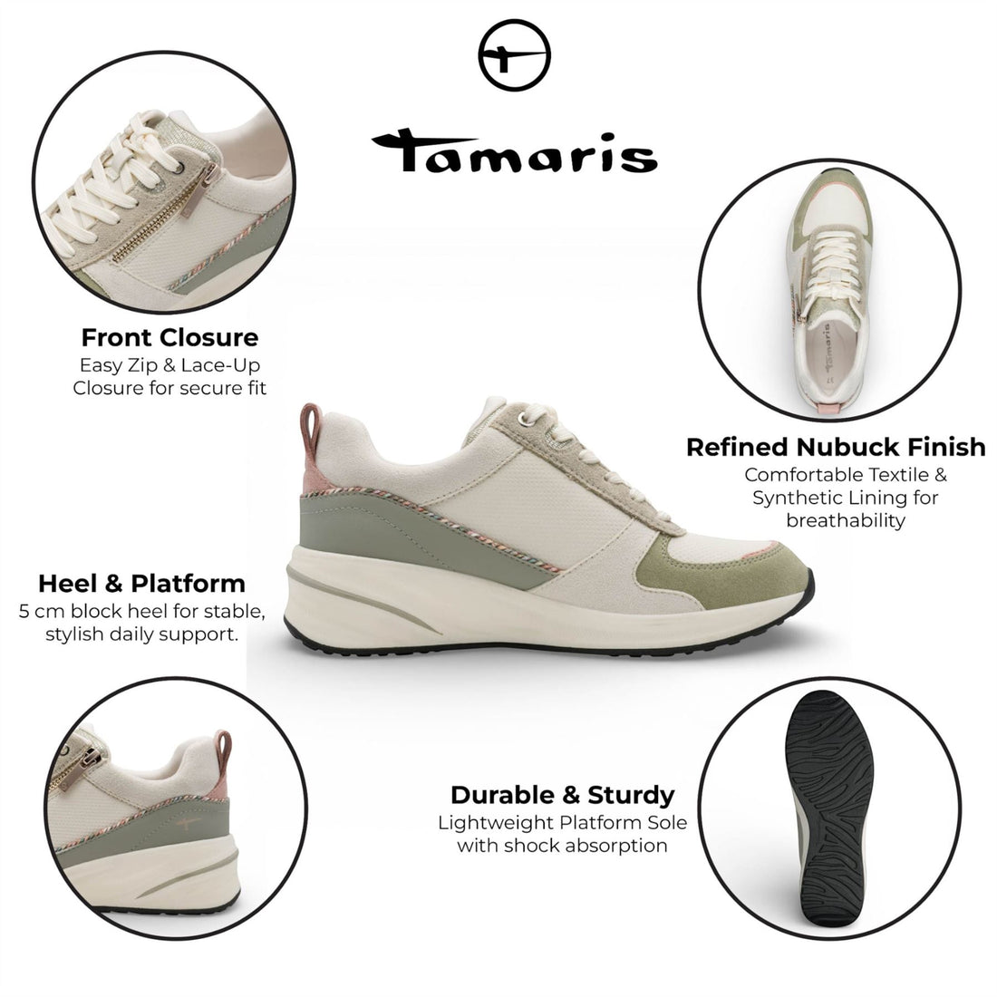 Tamaris Women’s White Green Platform Trainers Sneaker Zip Lace-Up Running Shoes