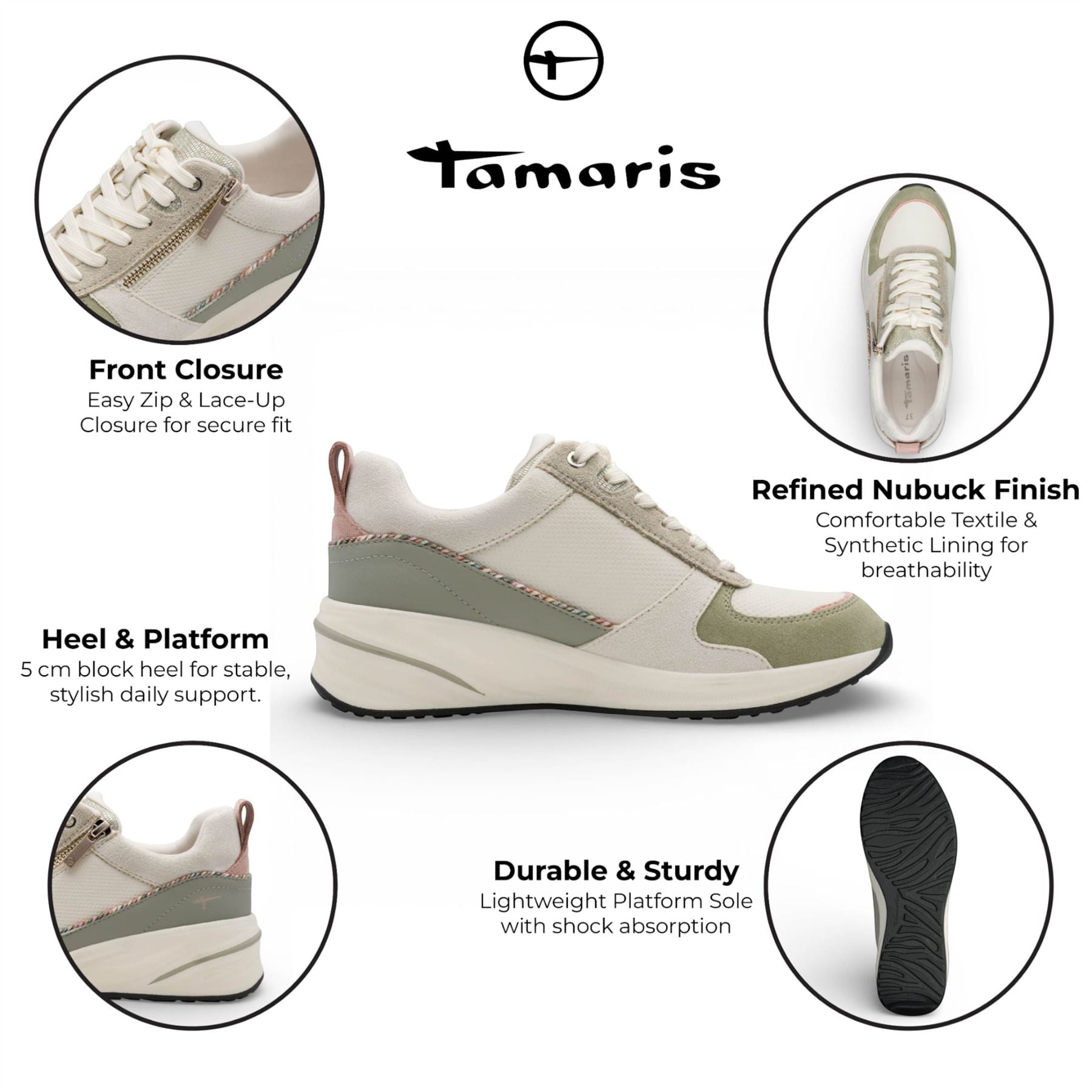 Tamaris Women’s White Green Platform Trainers Sneaker Zip Lace-Up Running Shoes