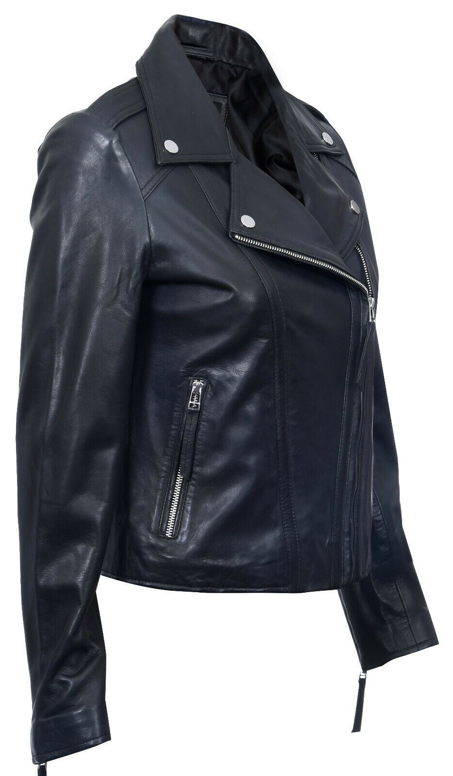 Womens Classic Black Leather Biker Jacket-Maryport