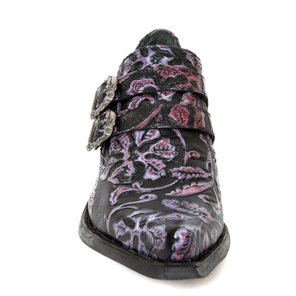 New Rock Vintage Purple Floral Leather Buckle Shoes-7960-S8